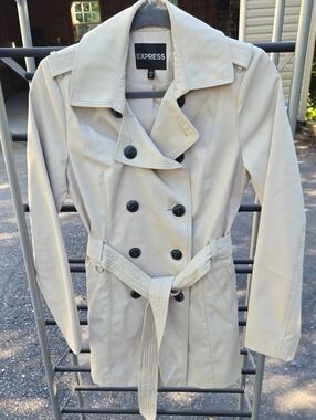 Xs Express Cream Double-Breasted Trench Coat with Black Buttons